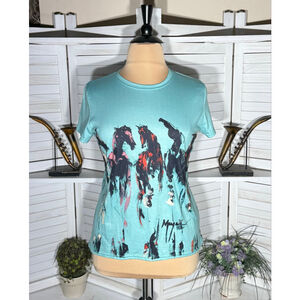 NWOT abstract horse print T-shirt Fakhra graphic aqua blue cowgirl style sz L